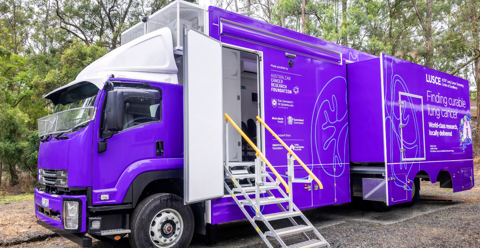 Image features Australian Cancer Research Foundation LUSCE lung cancer research bus.