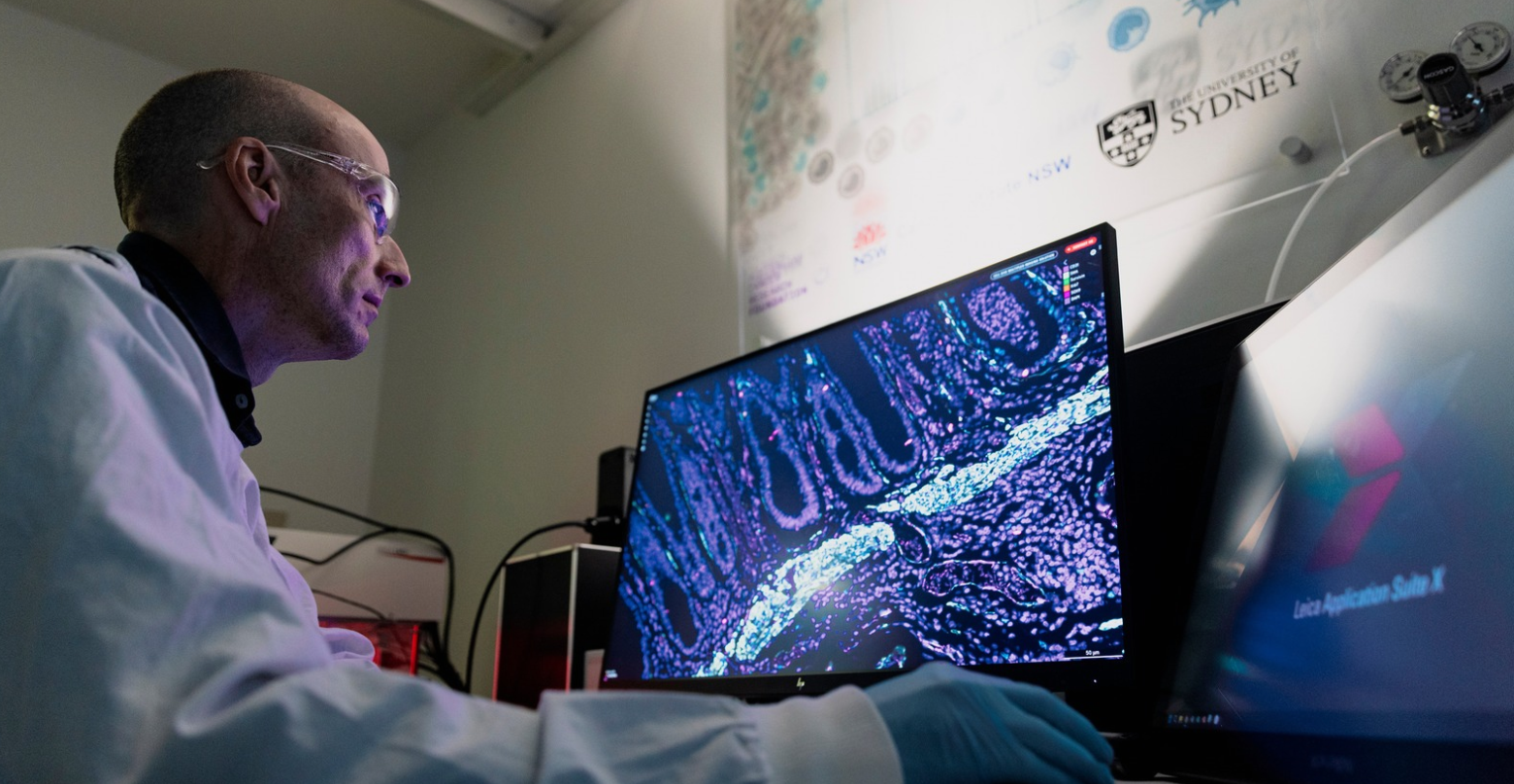 Professor Mark Larance viewing proteins within a cancer cell. 