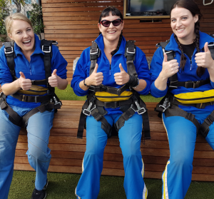 Jane, Maxine, and Shea are skydiving for cancer research